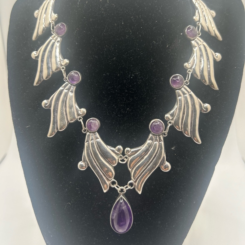 Vintage Mexico Sterling Silver Amethyst Cabochon Collar Necklace 16"